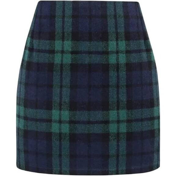 Women's Wool Plaid Mini Skirt - High-Waisted Bodycon Pencil Skirt - Picture 7 of 7